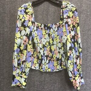 Free People Ariana Smocked Floral Top Small Cropped Boho Cottage Hippie Festival